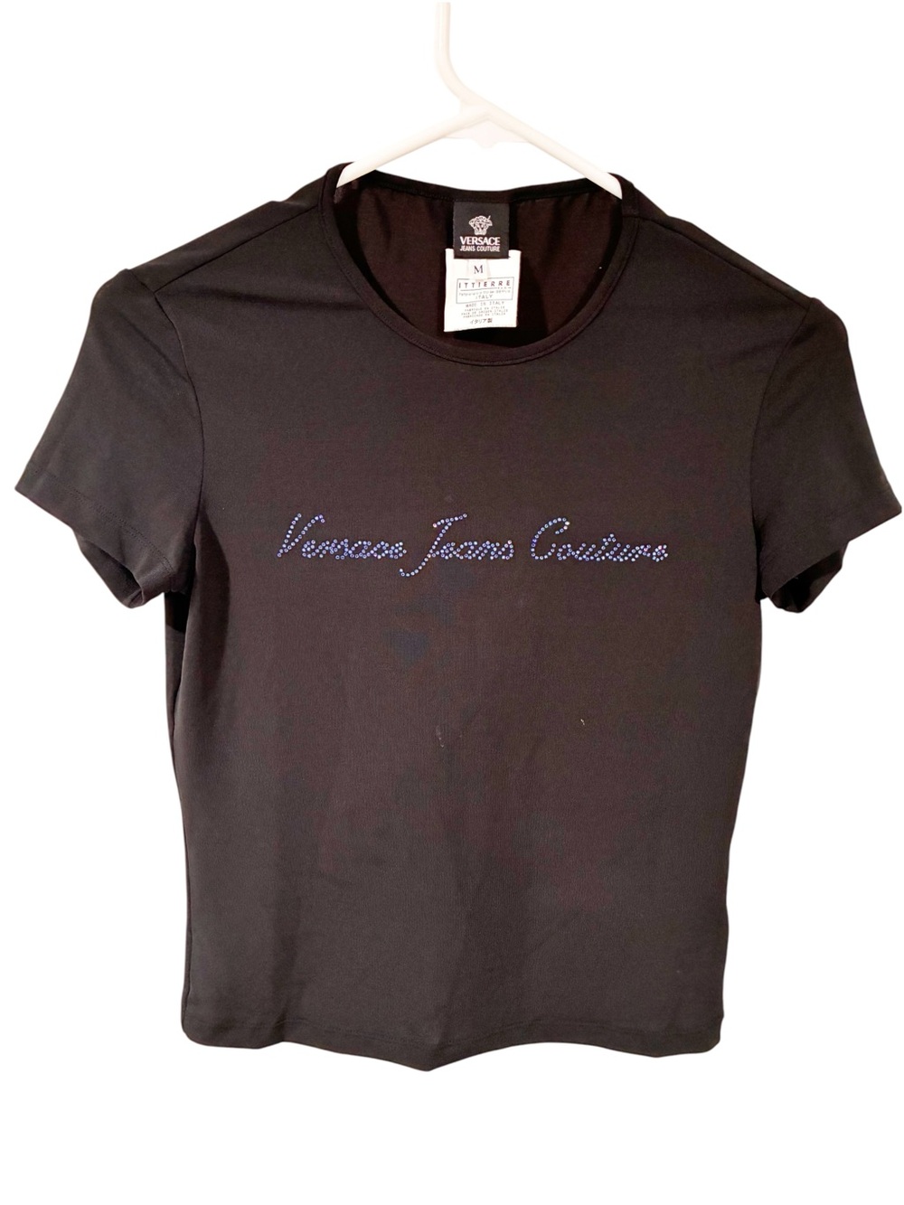Vintage Versace Jeans Couture Women Black Short Sleeve Blue Rhinestone Medium